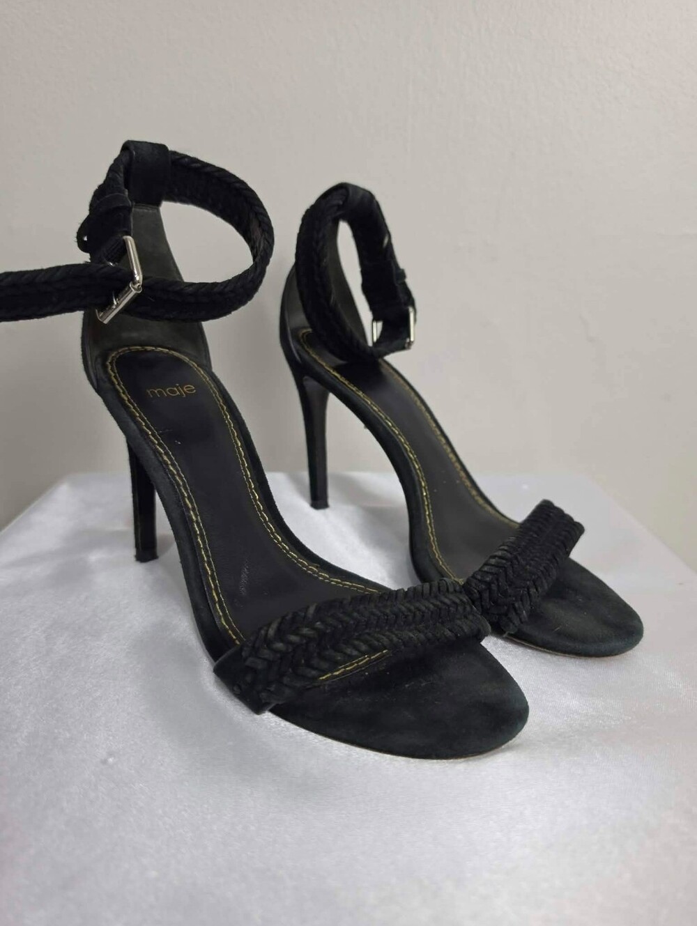 Maje Black Braided Suede Ankle-Strap High Heel Sandals